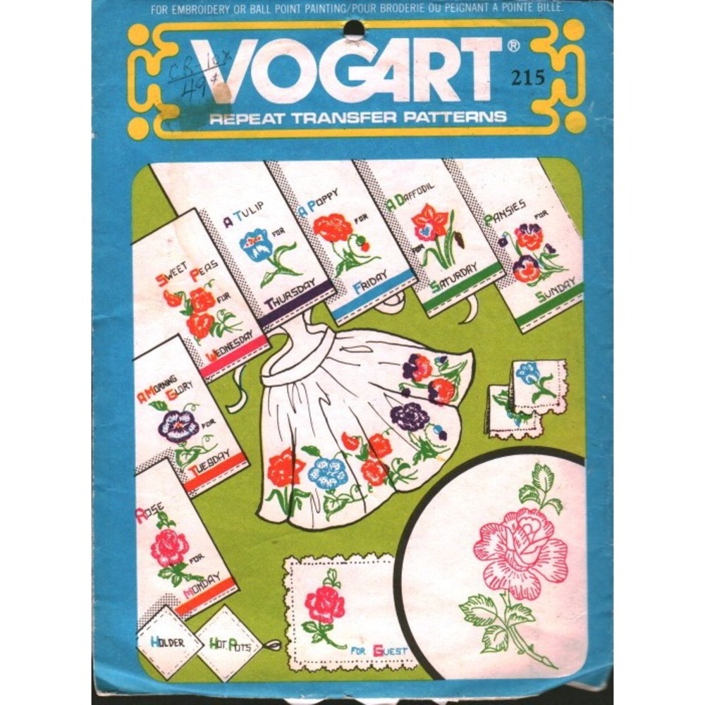 Vintage Vogart 215 Days of the Week Flower Embroidery Iron On Transfer Patterns